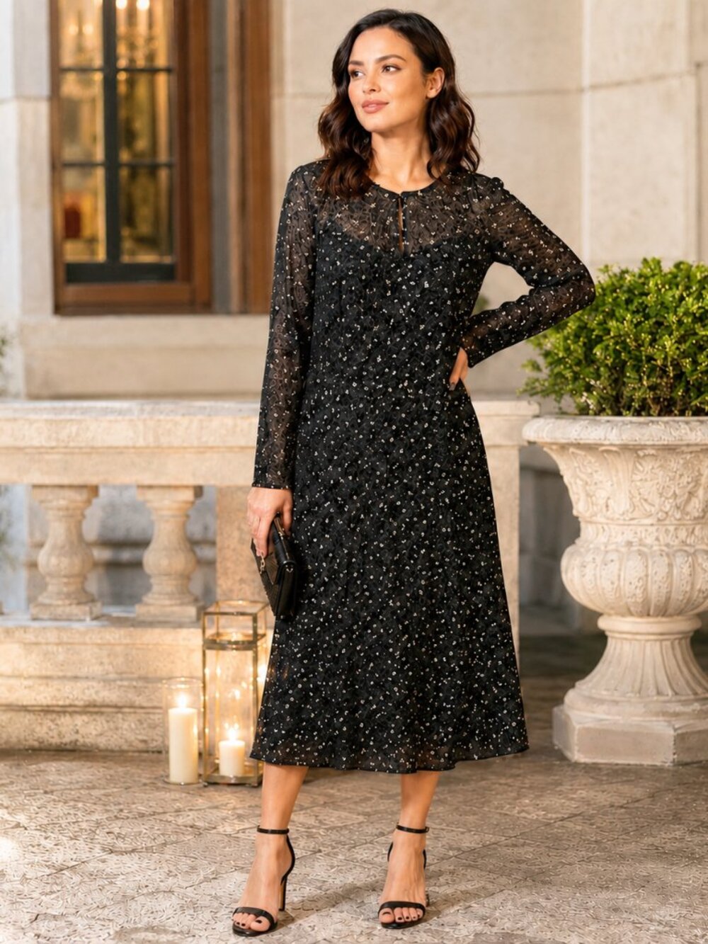Tommy Hilfiger Black & Gold Long Sleeve Maxi Dress – Size 12 (NWT)